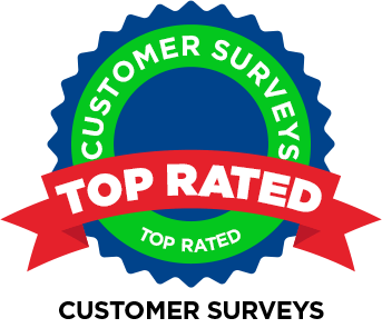 Top-rated customer surveys badge with green and blue colors, highlighting customer satisfaction excellence.