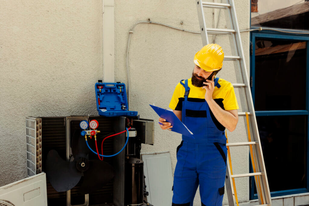 HVAC mechanic in overalls and hard hat on phone with customer, inspecting outdoor unit with clipboard.