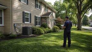 Technician inspecting home cooling equipment at a New Jersey house