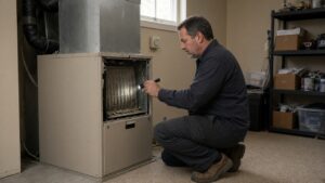 Technician checking a home furnace in a New Jersey basement in early September light