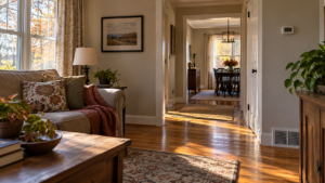 Illustrative New Jersey living room and hallway in natural autumn light